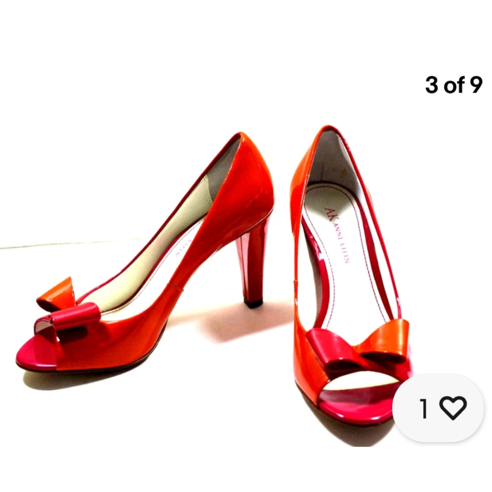 Anne Klein AKFOXIE Women's Pink Orange Leather Bow peep toe Pumps 7.5 EUC